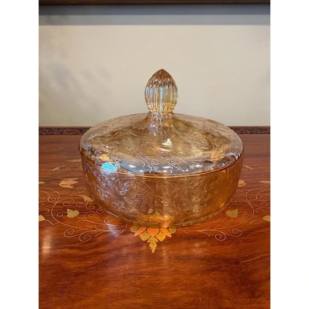 Vintage Jeannette Floragold Louisa Covered Dish, Marigold Carnival‎ Glass Bowl